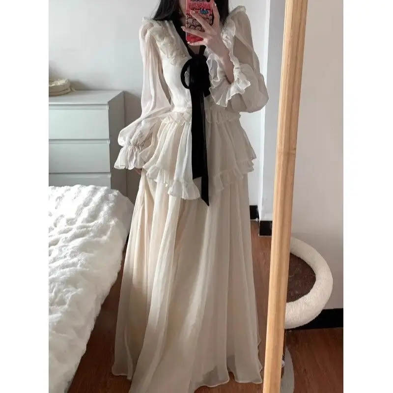 2024 Spring and Autumn New Gentle Style High-end Women's Dress Women's Design Lotus Leaf Edge Waist Long Skirt