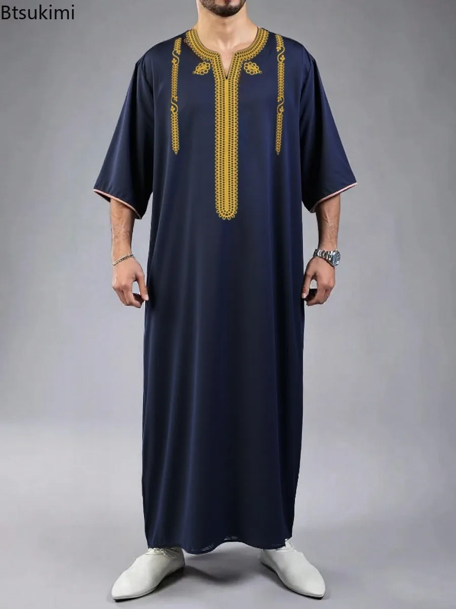 2025 Men's Traditional Muslim Clothing Eid Middle East Jubba Thobe Men Thobe Arab Muslim Robes with Short Sleeves Husband Gift