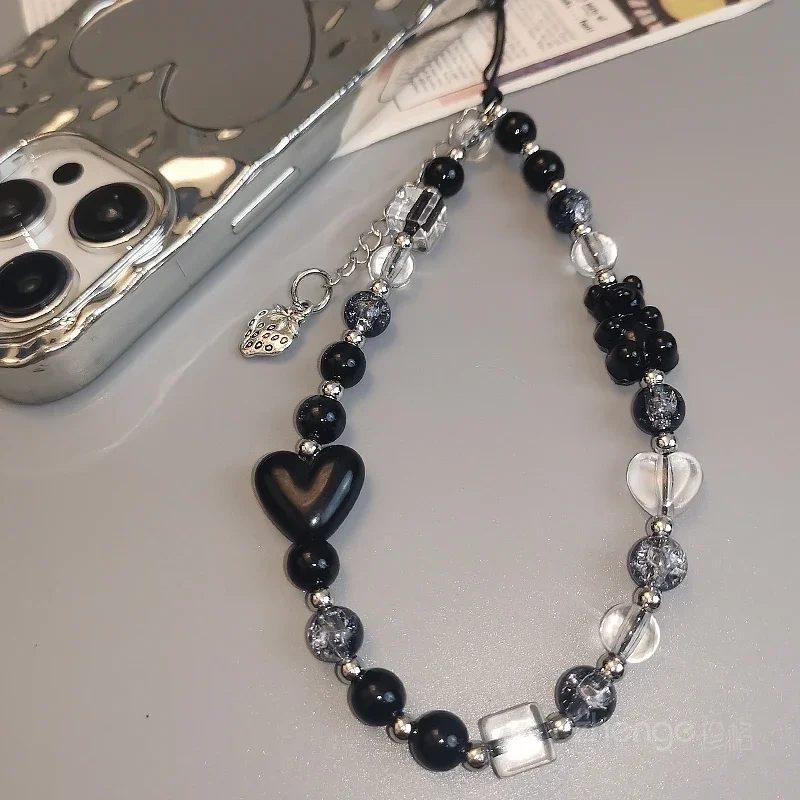 Mobile Phone Lanyard Short Women's Black and White Color Crystal Hand Beaded Love Bear Jewelry Bracelet Small Fresh Chain image 6