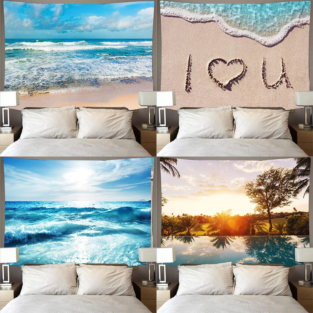 Big Wave Beach Beautiful Sunset Tapestry Blue Sea Wall   Cushion Background Blanket Home Decor 