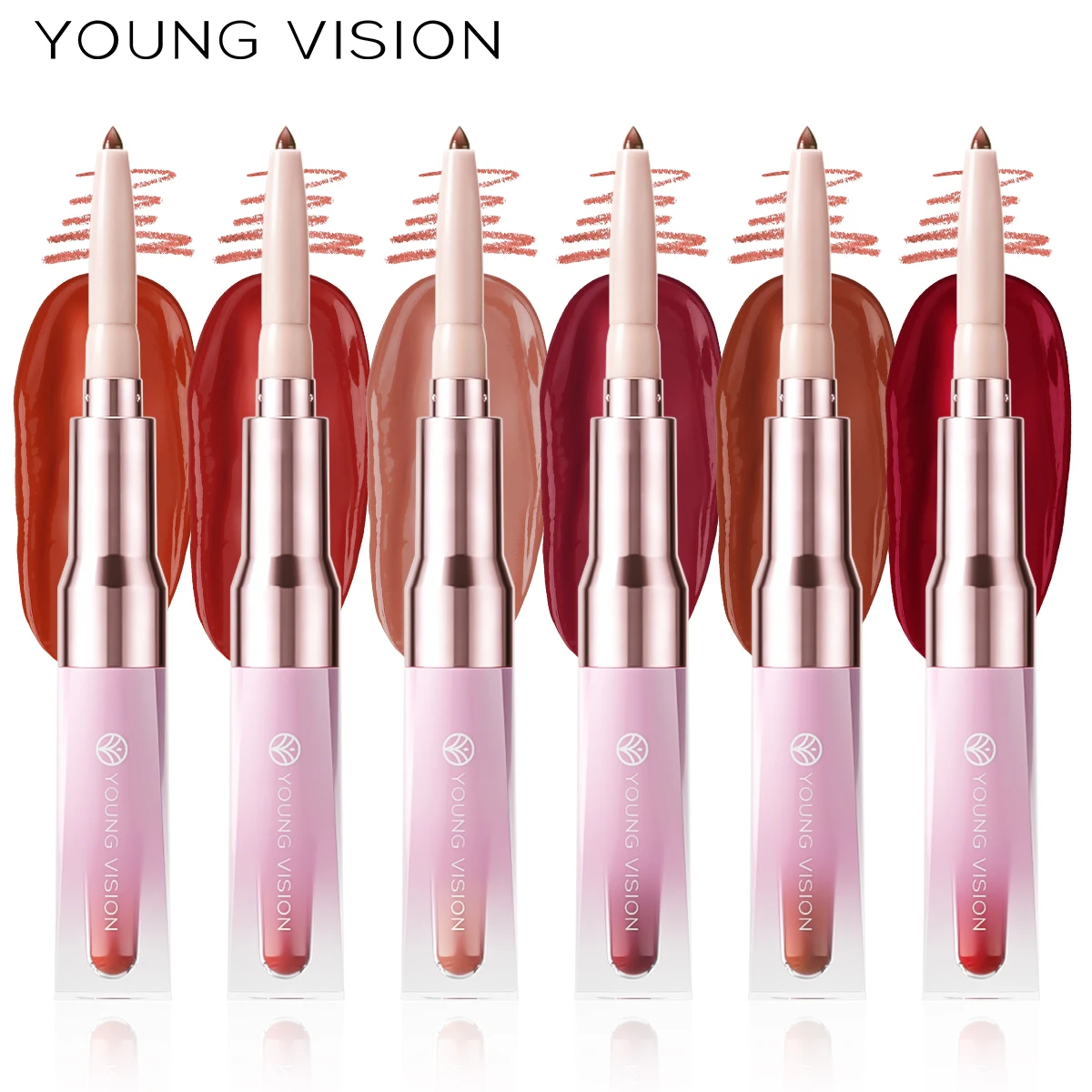 6-kleuren lipliner met twee uiteinden + Lipgloss spiegel hydraterende gradiënt Lip Tint, Matte Finish, Velvet Liquid Lipstick