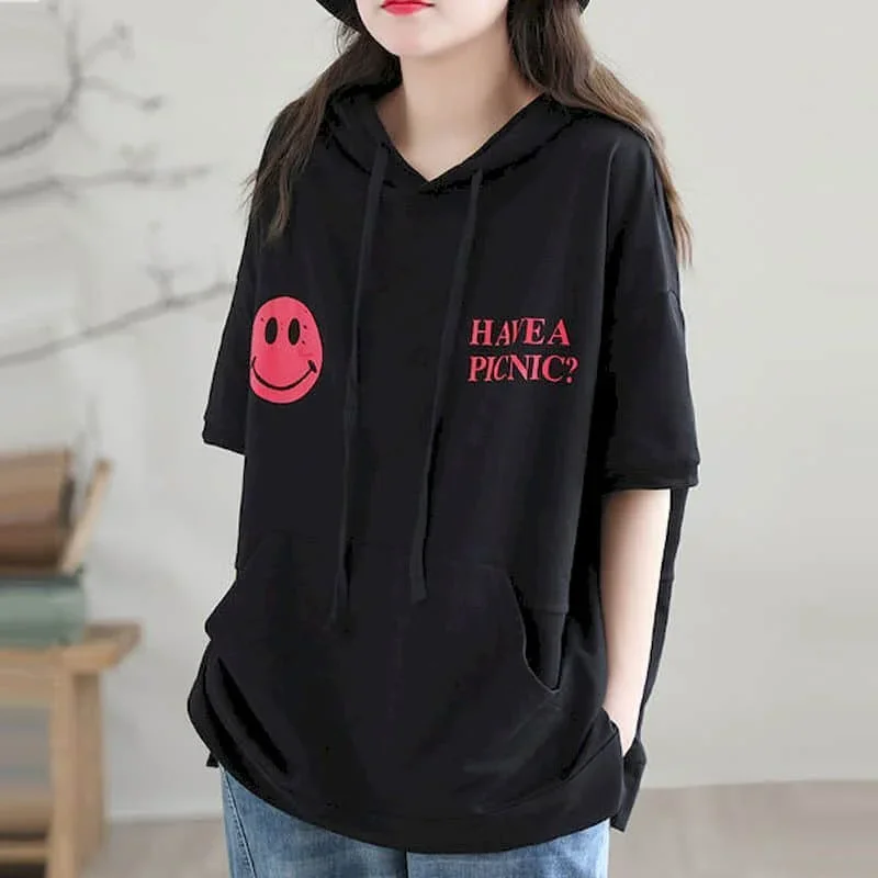 

Pop Literary T-shirts For Women Hooded Printed Tops Oversized Casual Loose Korean Style Half Sleeve Retro Aesthetic Clothes Tren