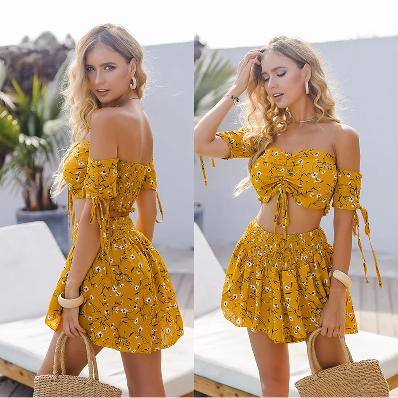 

Yellow Off-the-shoulder Top Shorts Suit Women Dress Fashion Sexy Print 2022 Summer New Chiffon Two-piece Suit Women Dress