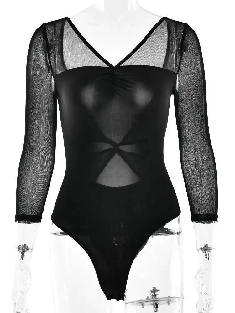 Oniflyme Patchwork Sexy dos nu voir à travers maille femmes body blanc à manches longues col en v body automne élégant fête Clubwear