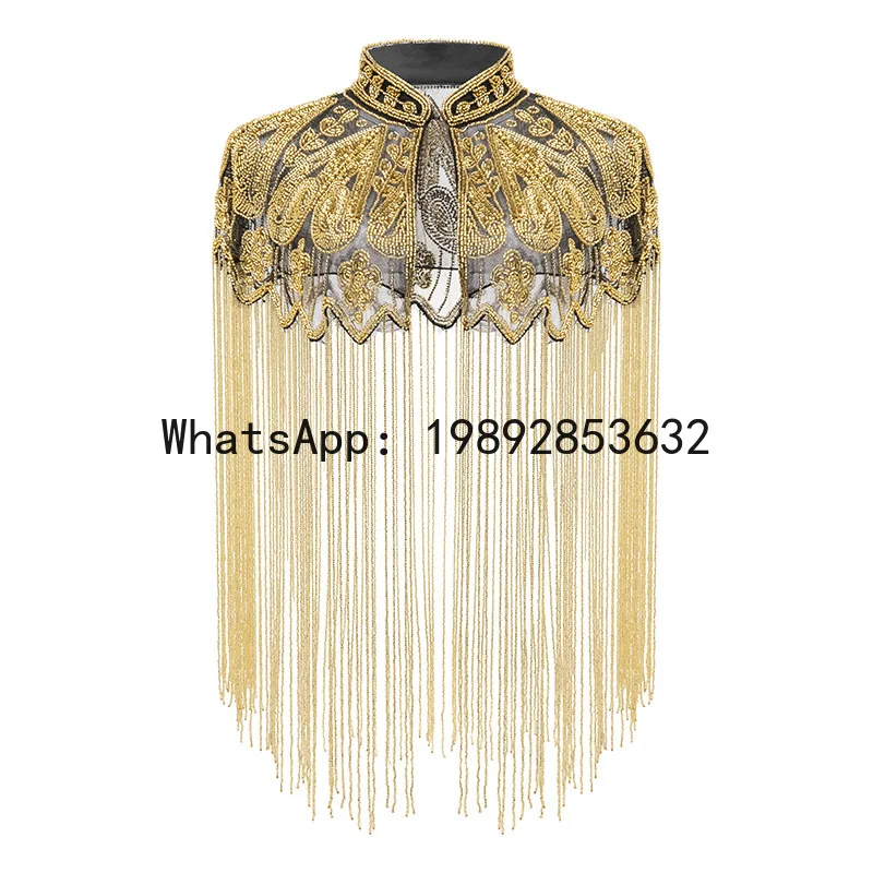 

Vintage high-end prom & party sequin beaded gown shawl - handmade tassel cape