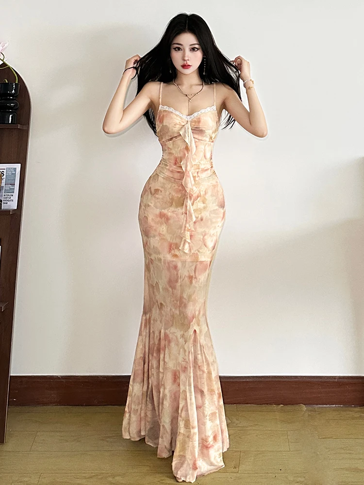 WEIRD PUSS Lace Splicing adient Blouse Women's Slimming Long Dr Ele Lady Summer Faion Polyester Spandex Gown