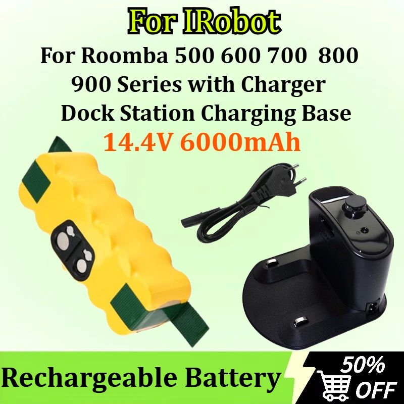 

14.4V 6000mAh Rechargeable Battery for IRobot Roomba 500 600 700 800 900 Series with Charger Dock Station Charging Base