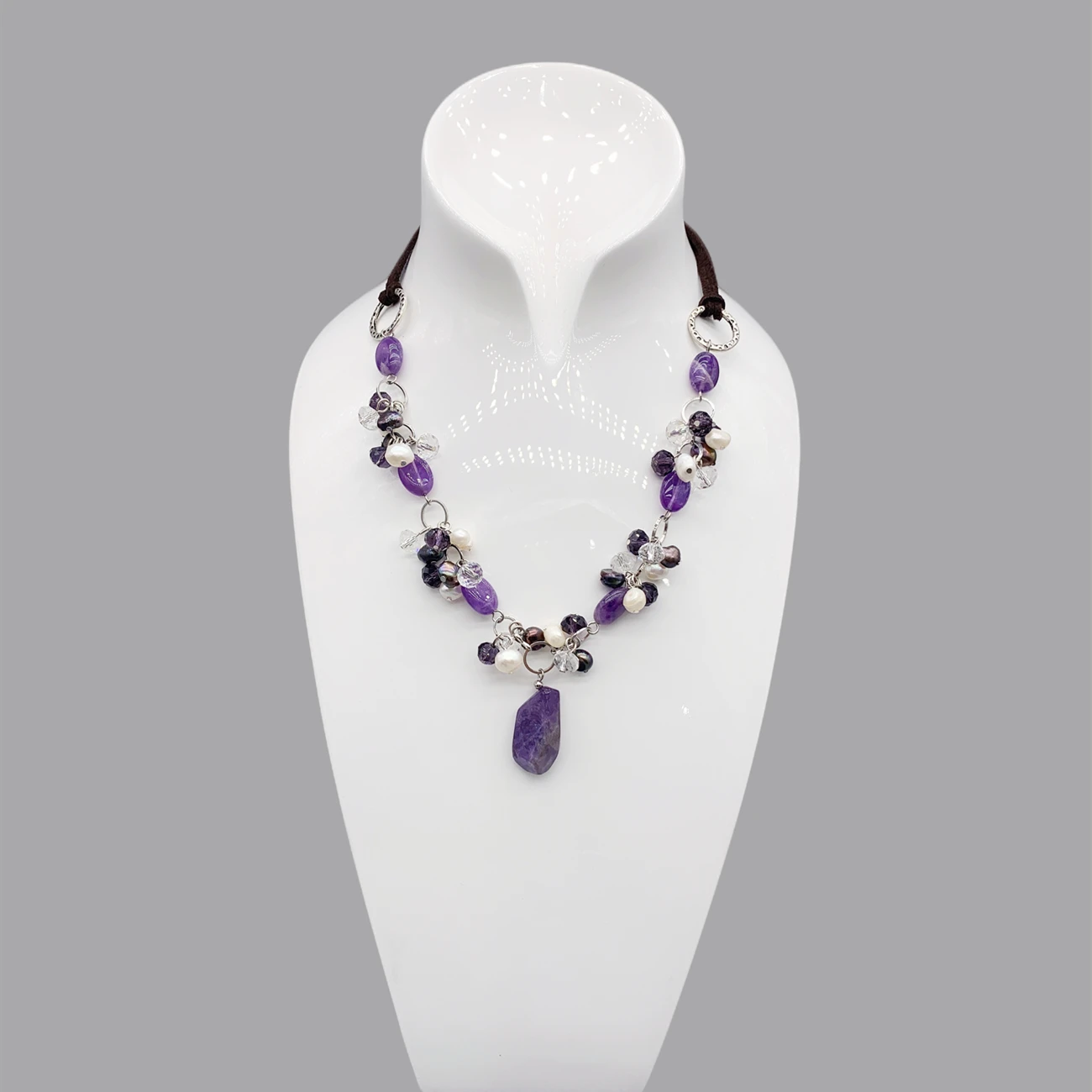 FoLisaUnique Irregular Shape Purple Amethyst Necklace For Women Black White Potato Pearls Crystals Cluster Pendant Necklace