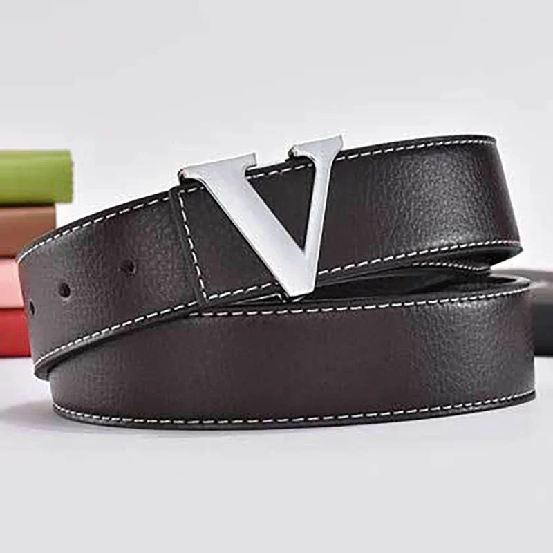 2024 Business Luxury Designer Brand V Buckle Belt Men High Quality Women Genuine Real Leather Dress Strap for Jeans Waistband