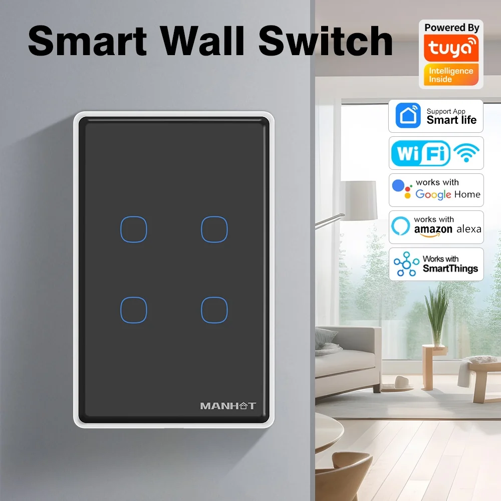 

Tuya WiFi RF433 Умный выключатель света Приложение Дистанционное управление 1 2 3 4 группы Стандартный настенный сенсорный переключатель США Работает с Alexa Google Home