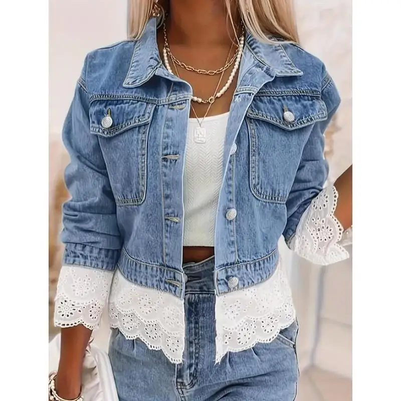 

Lace Trimmed ort Denim Jaet for Women Casual Sle Ciwalk Thiened PU Leather Nine Sve Length Faionable G 393 TEMU