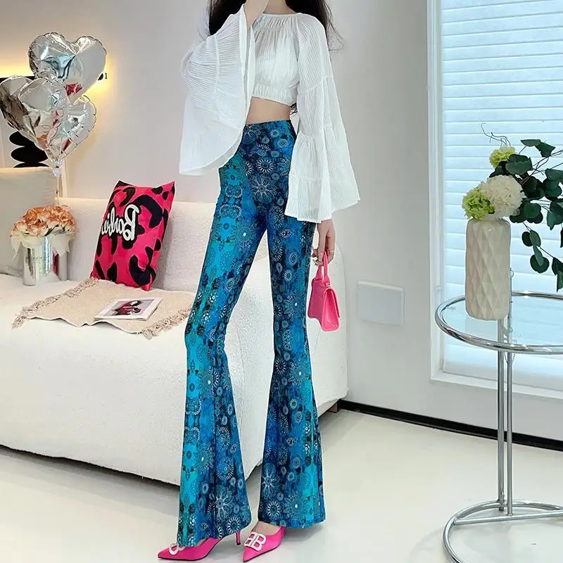 American retro floral sexy pants female summer high waist slim high pants fashion temperament personality spice bell bottoms.