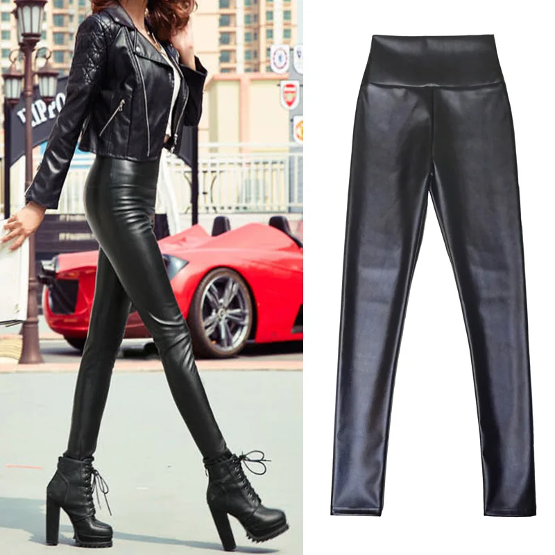 New Autumn and Winter Plush Women's Thick Elastic PU Leather PantsHigh Waist Tight Leggings,Slim Fit Women's Pants for Outerwear