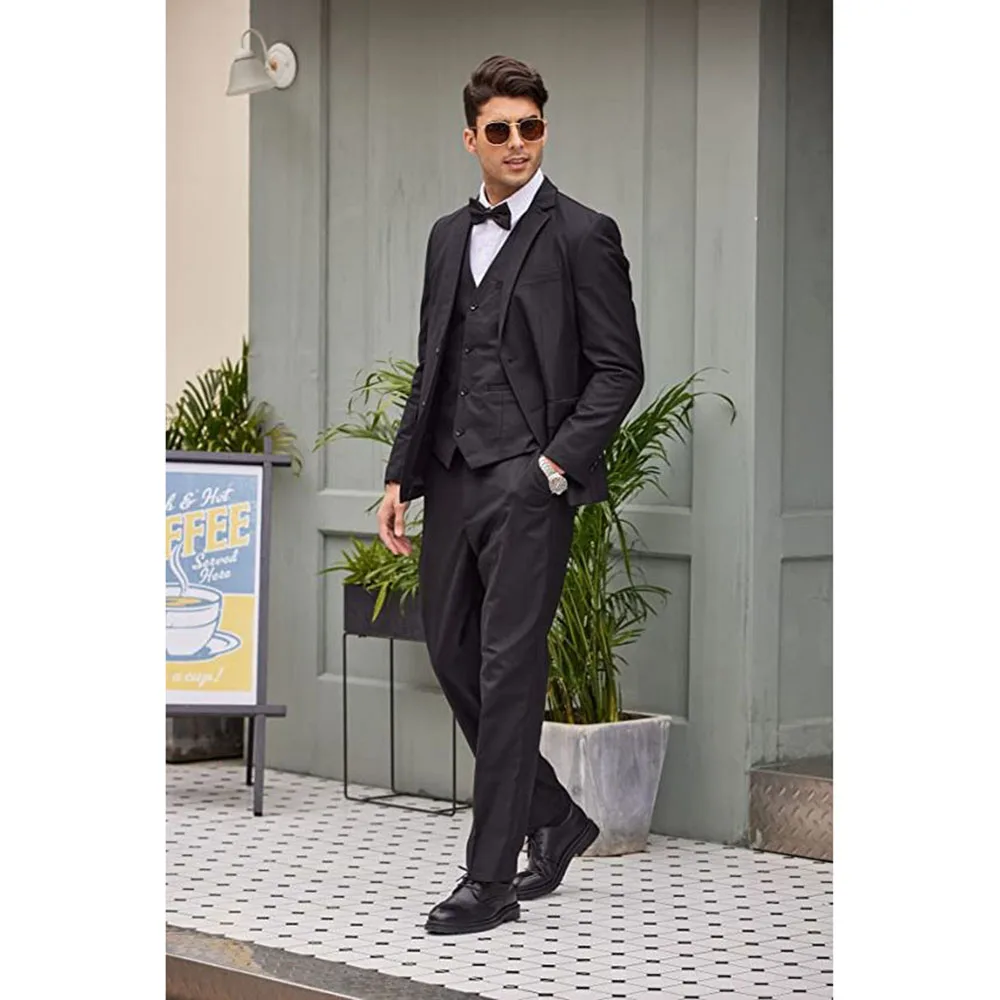 

Handsome Black Men's Suits Single Breasted 3 Pieces Jacket Vest Pants Male Clothing Wedding Business Banquet Blazers Sets