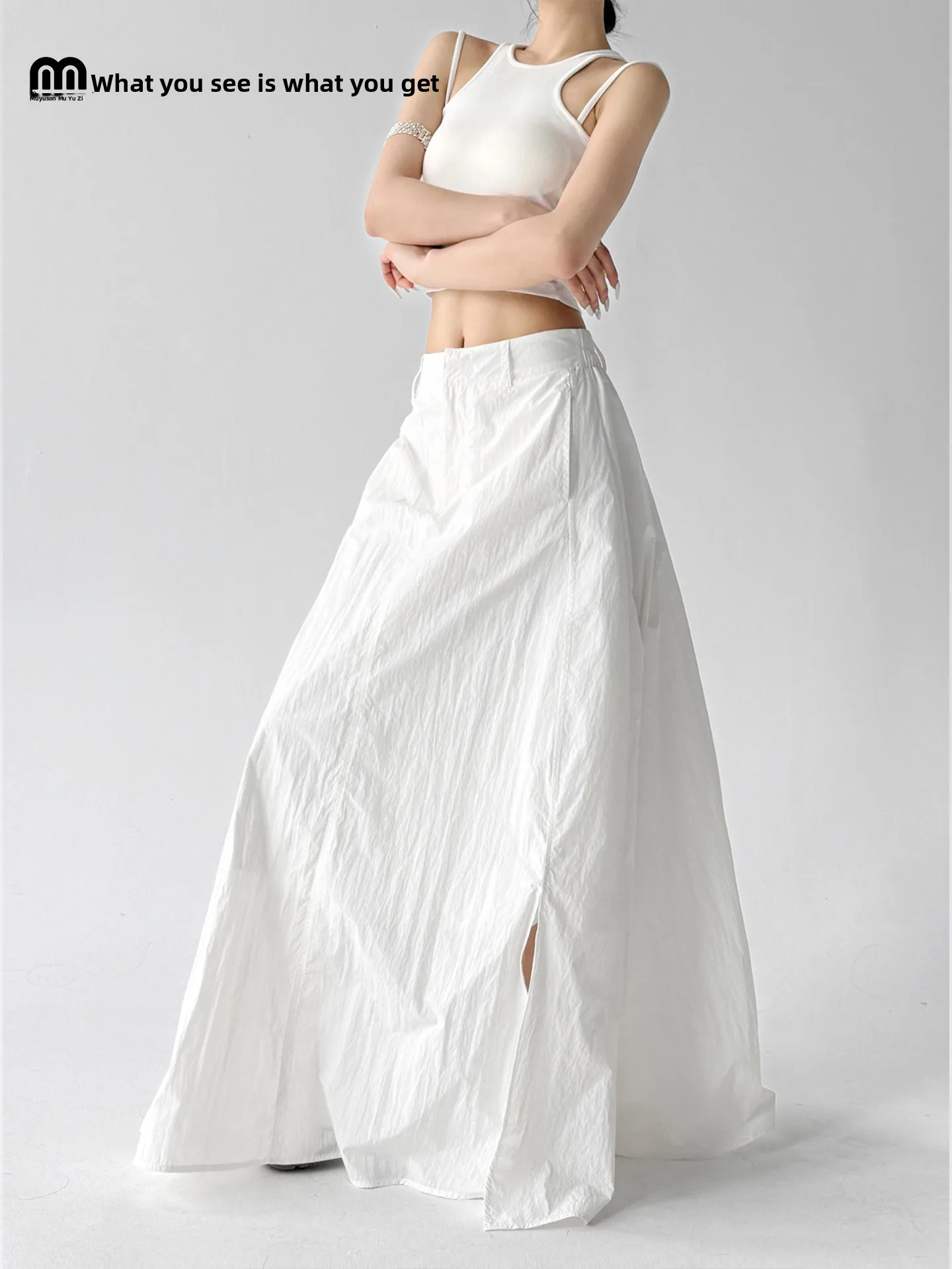 

Юбка миди А-силуэта с высокой талией для женщин, с плиссировкой и боковым разрезом, облегающая, повседневная, из нейлоновой ткани