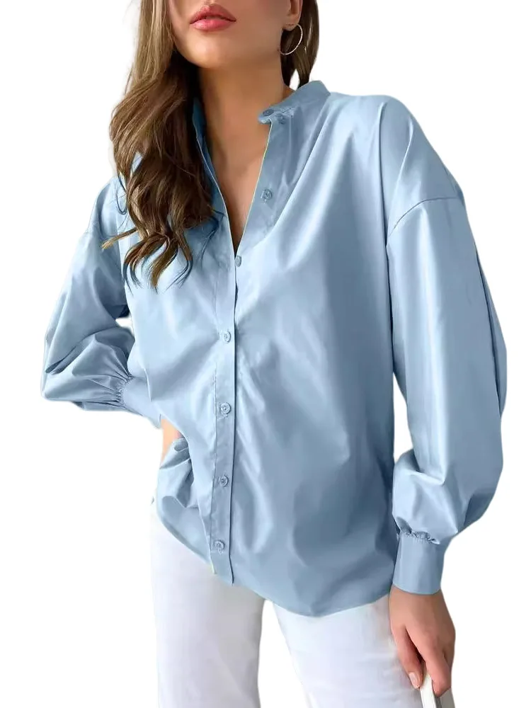 Women\'s Long Lantern Sleeve Shirt Elegant Luxury Button Up Novelty Blouses Office Lady White Autumn y2k Trend Solid Top