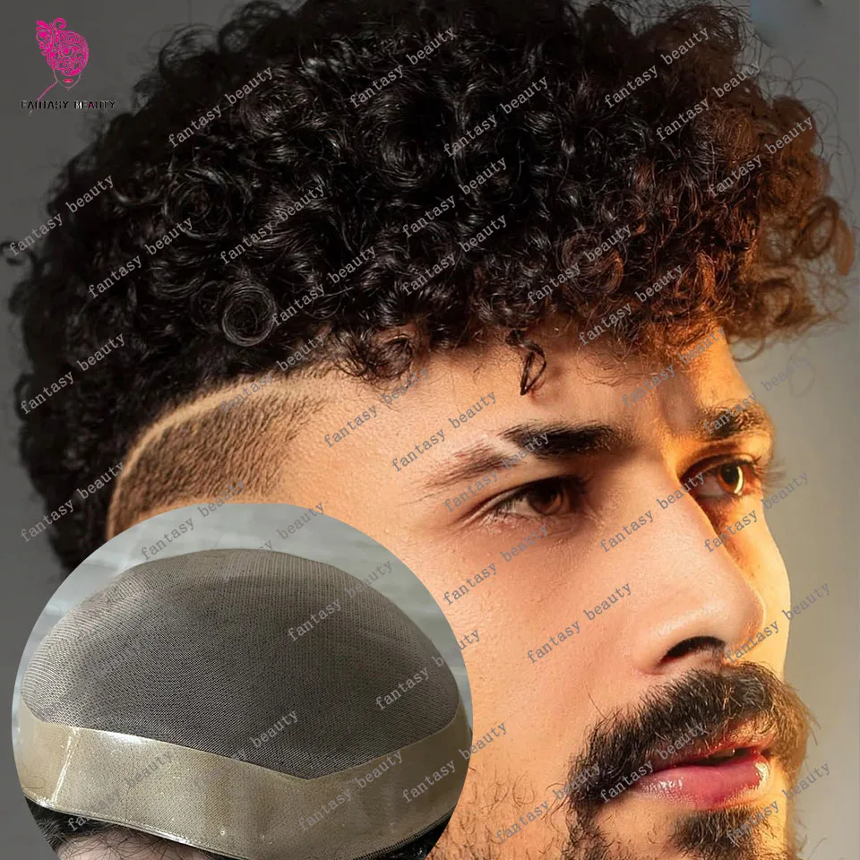 Afro Man 10mm Kinky Curly Human Hair  Super Durable 20mm Curly Men Toupee Breathable Mono Lace&PU Replacemen Capillary Prosthesi