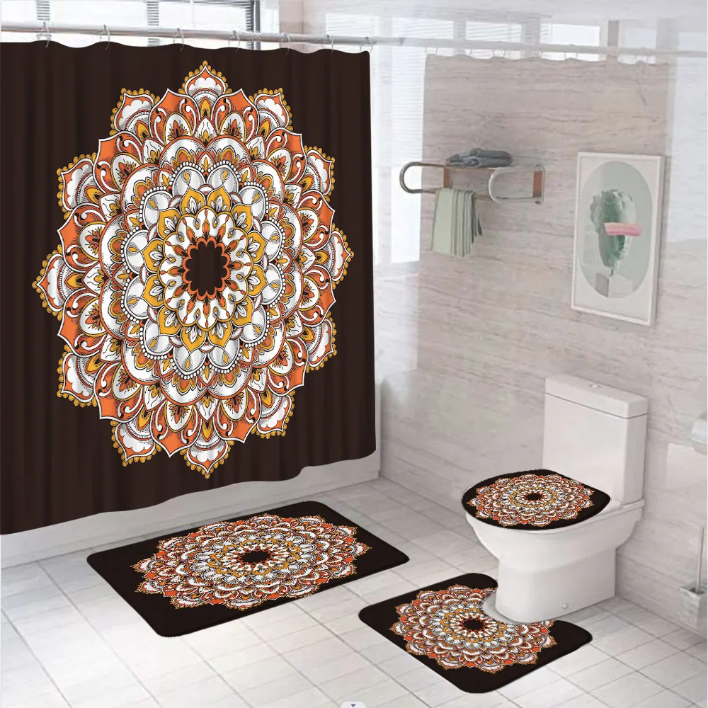 4Pcs Bohemian Mandala Flower Shower Curtain Set Bathroom Screen Modern Boho Ethnic Style Non Slip Bath Mat Toilet Lid Cover Rug