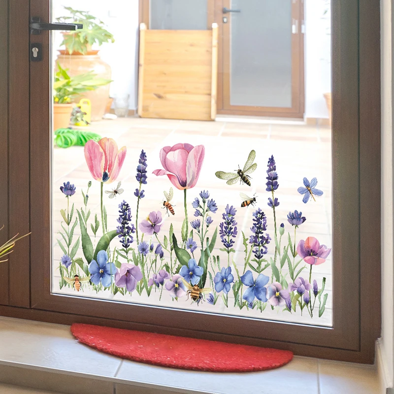 Tulip Flowers Vinyl Mural Stickers on the Glass Door Window Walls for Home Decorations Room Scenery Wallpaper