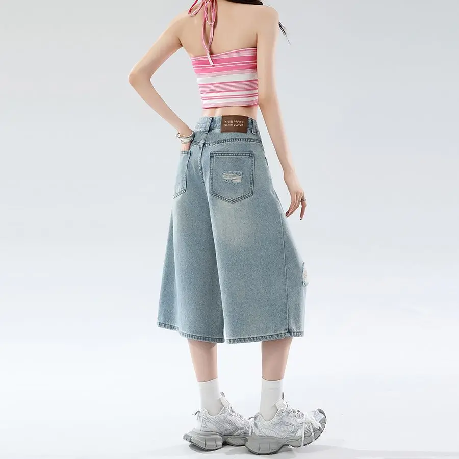 New Summer Women's American Vintage Ripped 7/8 Length Jeans, High Waist Loose Straight Wide Leg Cropped Capri Denim Pants