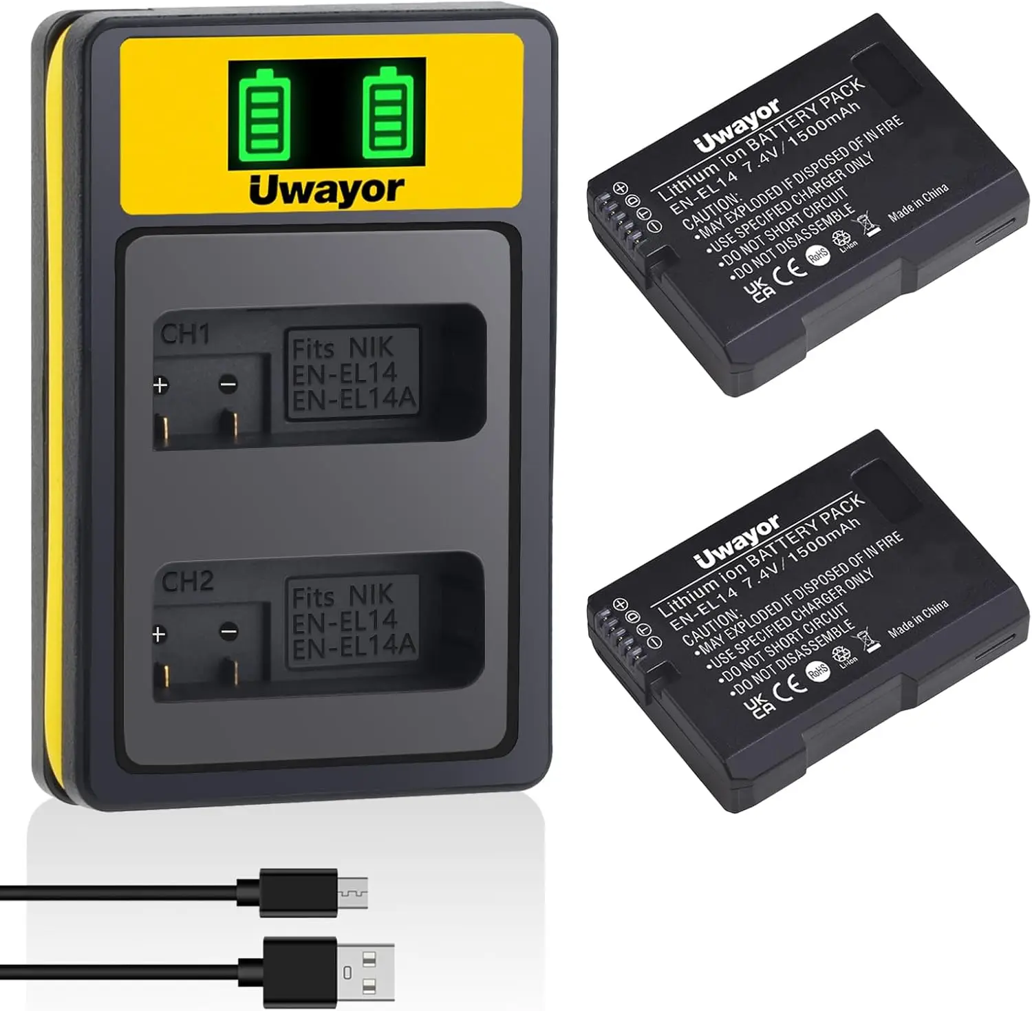 

UWayor EN-EL14 ENEL14A Battery and USB Dual Charger Compatible with Nikon D3100, D3200, D3300, DF, Coolpix P7000, P7100, P7700