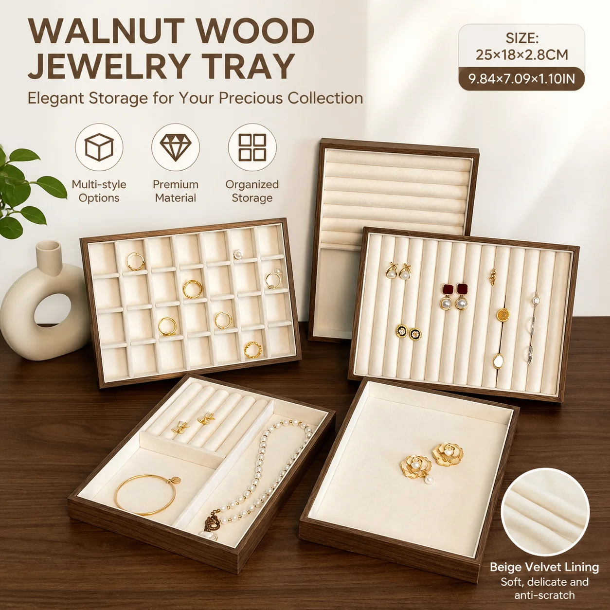 Walnut Wood Pattern Jewelry Box, Display Tray Organizer for Rings, Necklaces, Earrings, Bracelets - Drawer Interior Storage Tray