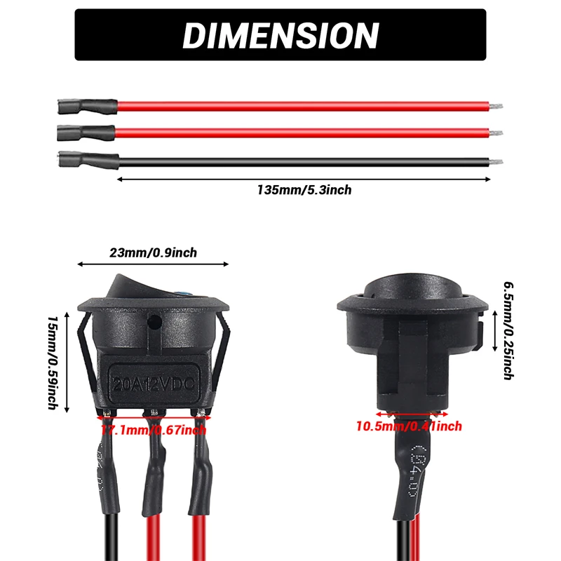 5/10pcs Round Rocker Switch 12V 20A Lighted Toggle Pre-Wired 3Pin DC Electrical DIY Apply Switches for Automotive Lighting Car