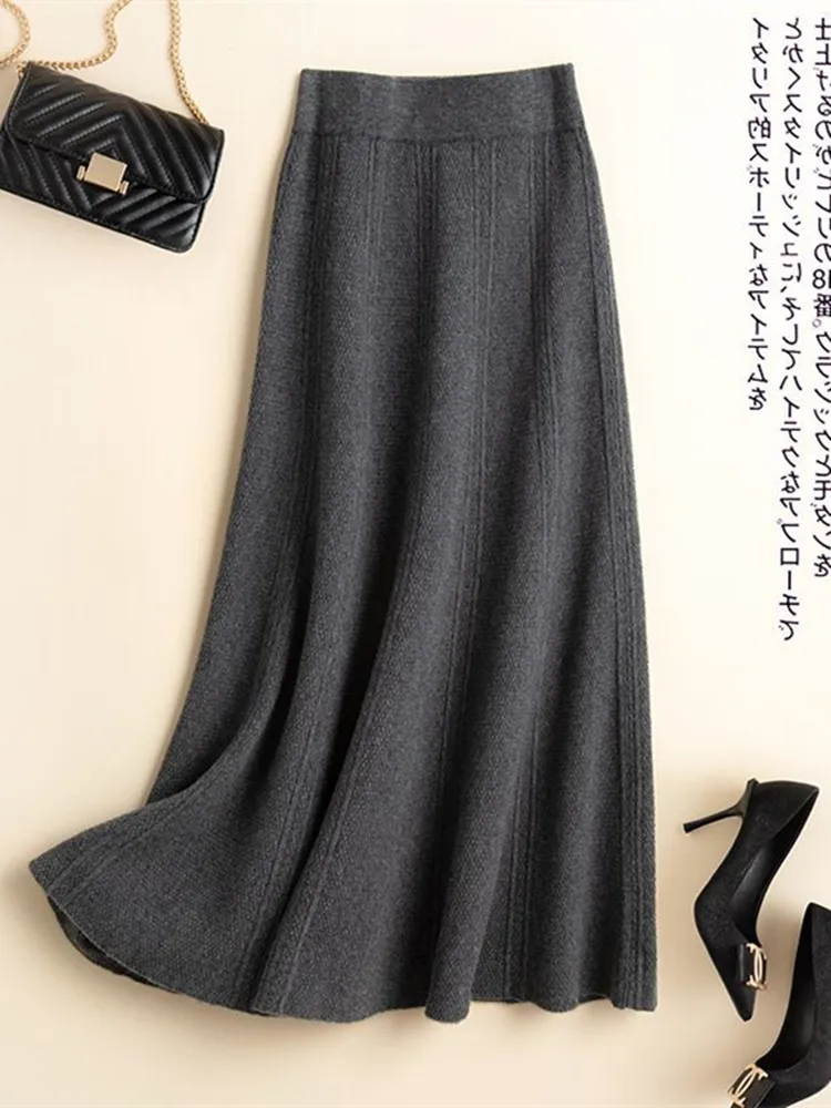

Thiened Woolen Knitted Camere A-Line Skirt Women's Autumn Winter Mid-Length High Waist Commute Sle Elastic Waist Skirt