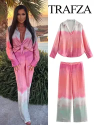 TRAFZA Women Summer Tie Dye 2-Piece Set Turn Down Collar Shirt+High Waist Vintage Gradient Pockets Zipper Casual Wide Leg Pant