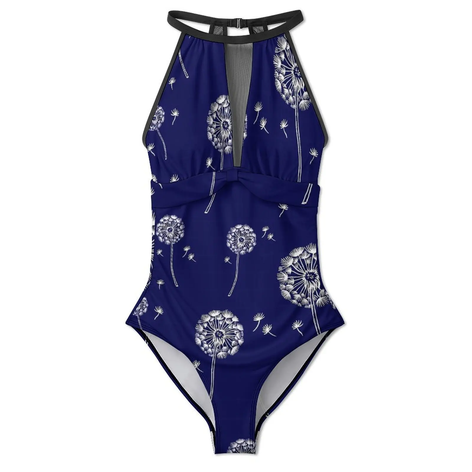 Dandelion Flower Swimsuit Blue White Swimwear One-Piece Holiday Pool Graphic Bodysuit Mesh Monokini Lady Push Up Sexy Beach Wear