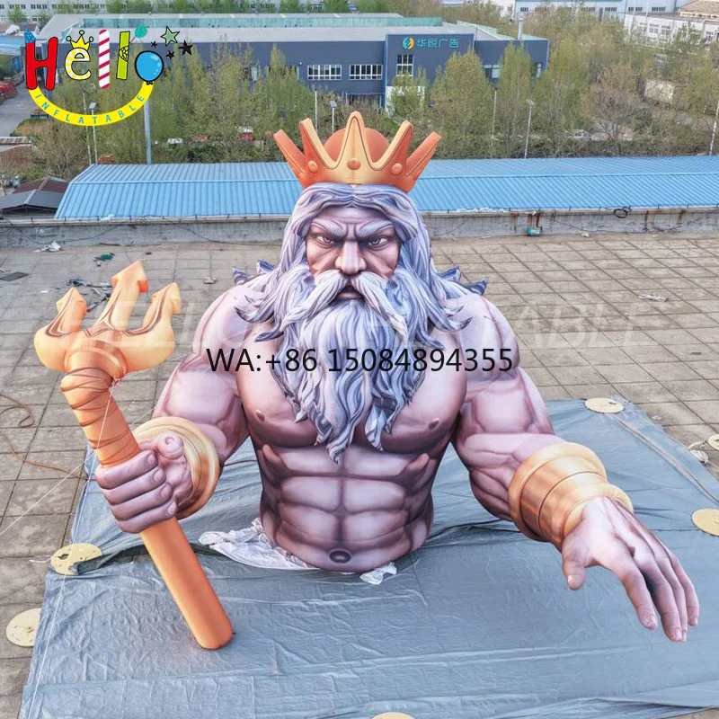 Giant Poseidon Inflatable Looms Qver an Urban Rooftop, Merging Mythic Grandeur with Cityscape Reality.
