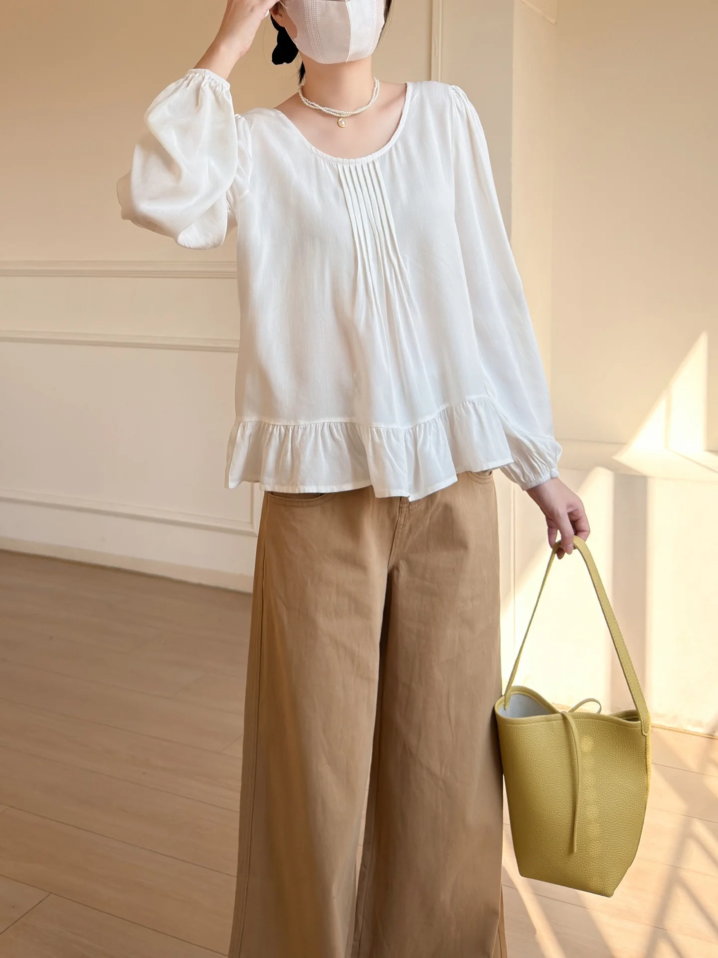 

Элегантная художественная повседневная белая блузка с рукавами-фонариками и кружевной отделкой для женщин, из хлопковой марли, универсальная, весна-лето