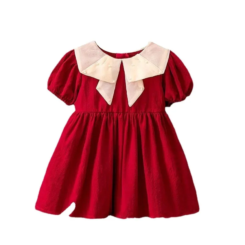 1-4YChildren\'s dress for girls 2023 summer new bubble sleeve red fashion princess dress sweet dress for baby girls