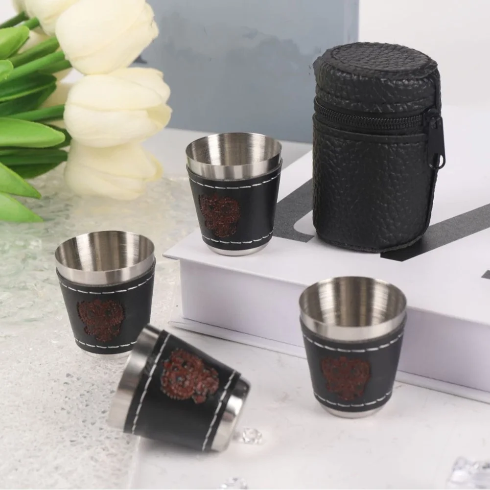 30ml Stainless Steel Cup Set 4pcs with PU Leather Carry Case Stackable Lightweight Cups for Outdoor Travel Camping