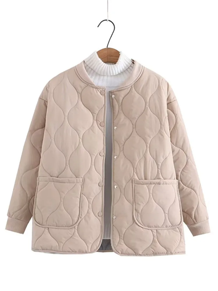 Plus Size Women\'s Clothing Winter Collarless Thick Coat Solid Color Long-Sleeved Jacket With Wavy Quilted Lines Large Size Coat