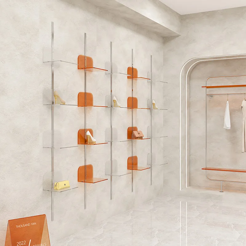 Clothing store display rack, floor-standing stainless steel hanging clothes counter, wall-mounted women's clothing acrylic