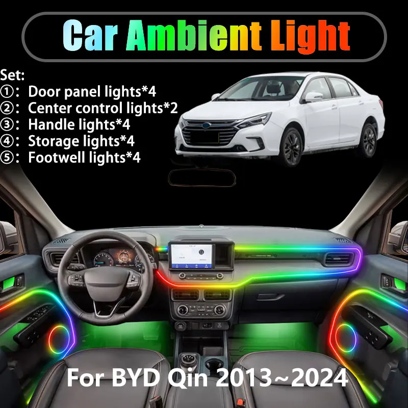 

For BYD Qin 2013~2024 MK1 DM EV 2014 2/18 in 1 Car ambient lighting Led trunk interior led lights USB RGB Ensemble Streamer Auto