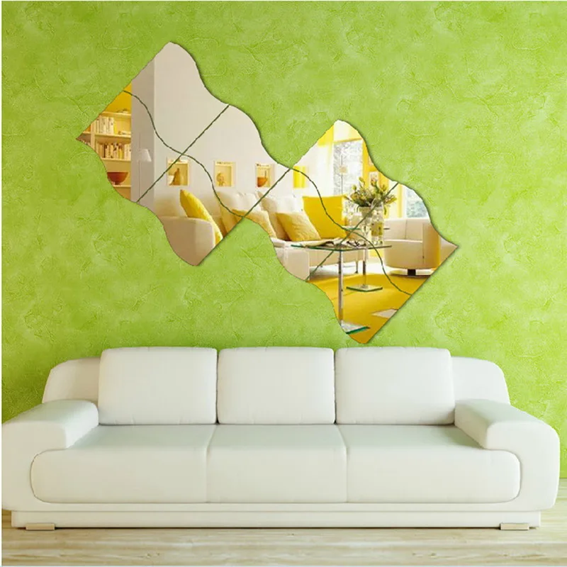 6 Pieces of Wave Combination Mirror Three-dimensional Wall Sticker 3D Mirror Mural Modern Artist Living Room Bedroom Decoration