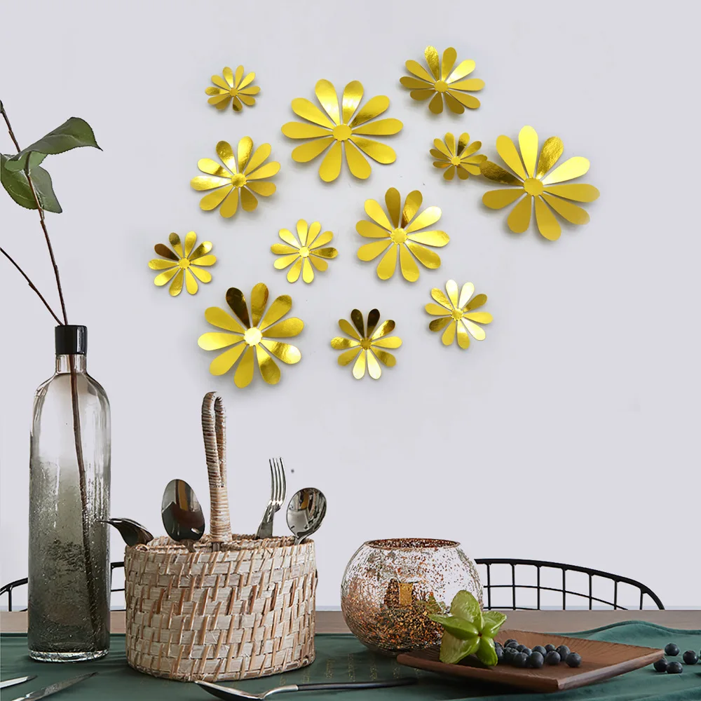 12Pcs/Lot Creative 3D PVC Flowers Wall Stickers Acrylic Wall Decals for Kids Room Kitchen TV Wall Stickers House Decorations