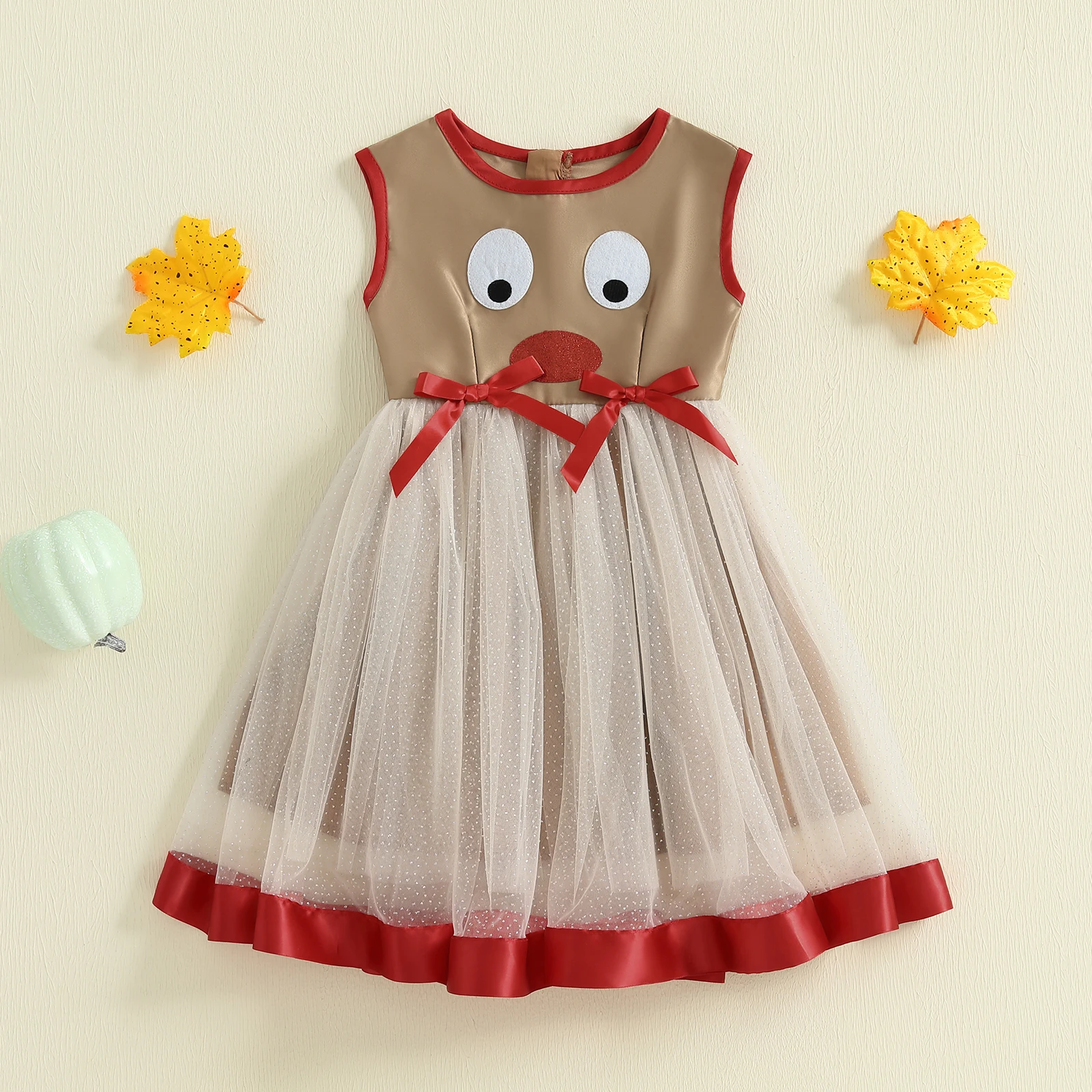 

Toddler Girl Thanksgiving A Line Dress Turkey Print Round Neck Sleeveless Tulle Patchwork Dress