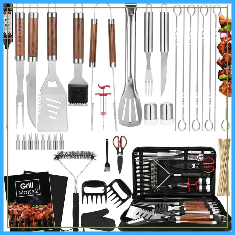 Meat Thermometer Camp - 137-teiliges Edelstahl-Grillzubehör-Set mit Tragetasche, Fleischthermometer, Grillmatten