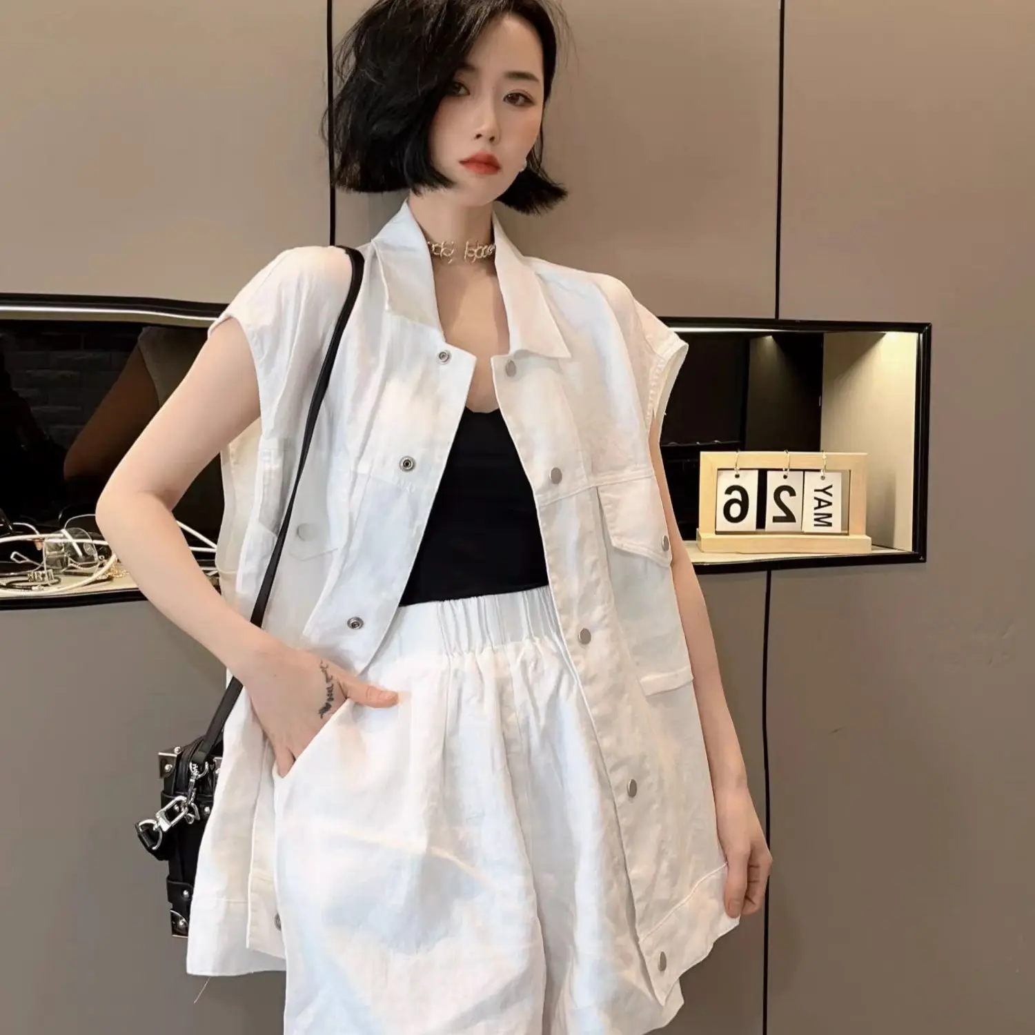 

Женский комплект из хлопка и льна High Street, новый летний кардиган, рубашка без рукавов + широкие шорты, темпераментный комплект из двух предметов для женщин