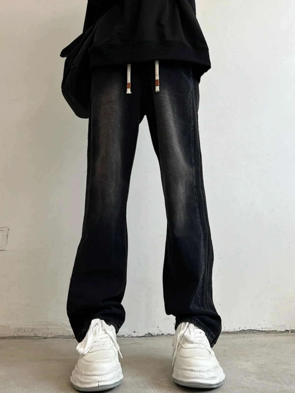 

Джинсы Bla ey Dstring с эластичной резинкой на талии для мальчиков-подростков, осенние длинные брюки в американском стиле, универсальные, свободные, прямого кроя