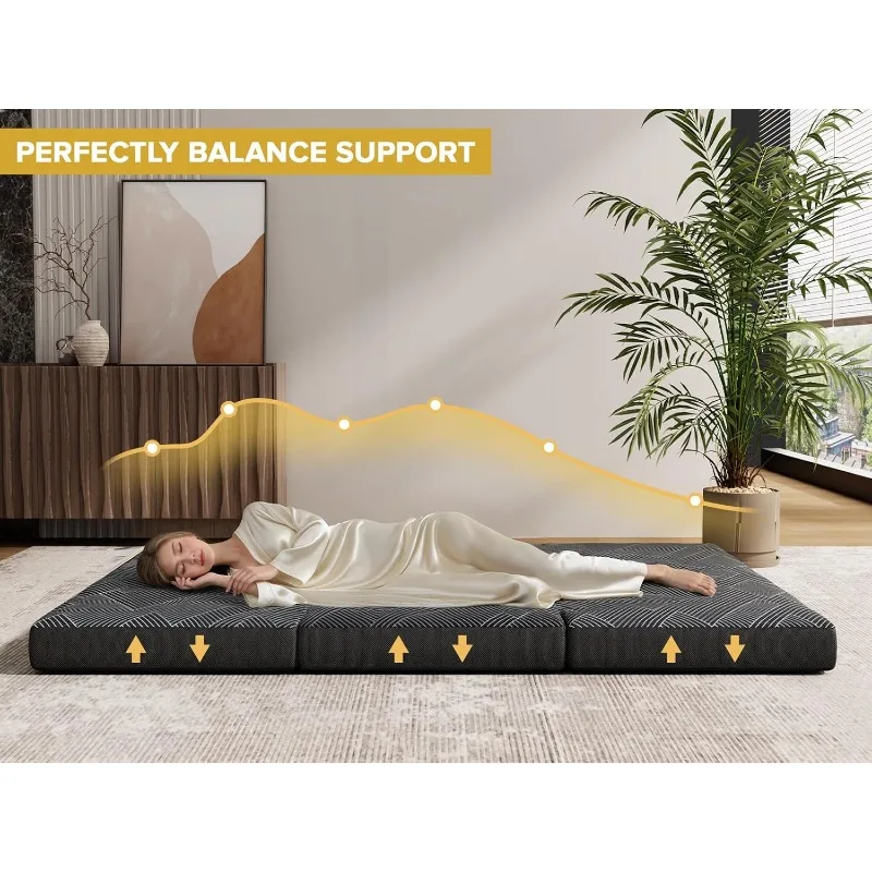 Kasur Lipat Ukuran Queen, Kasur Lipat 6 Inci, Matras Busa Memori Lipat Tiga Dengan Penutup yang Dapat Dilipat dan Dicuci