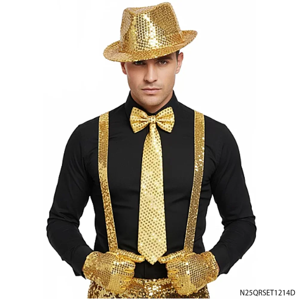 Zestaw Kostiumowy w Stylu Retro z Lat 90. z Złotymi Cekinami: Kapelusz Fedora, Szelki, Krawat, Muszka, Rękawiczki, Akcesoria Imprezowe