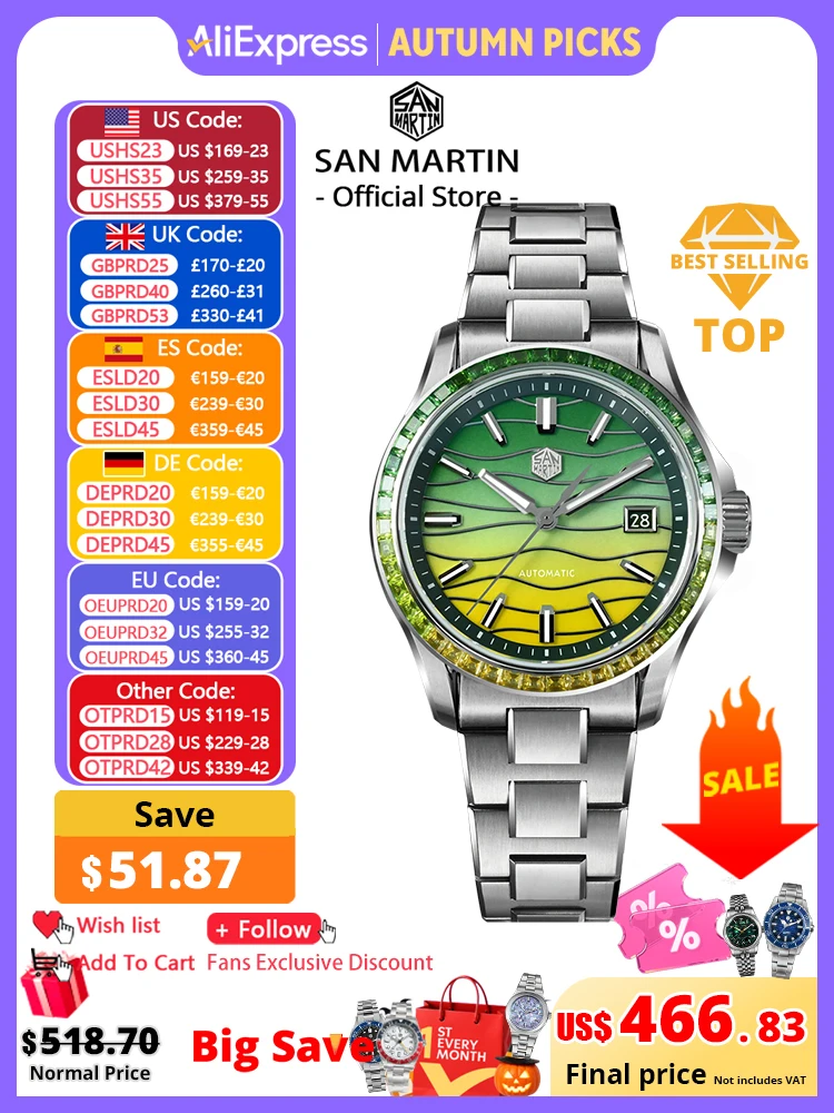 Reloj mecánico automático para hombre San Martin, modelo oficial, con bisel de piedras preciosas de lujo, esfera con incrustaciones de nácar, movimiento Miyota 9015, 39 mm, resistente al agua, SN0150.