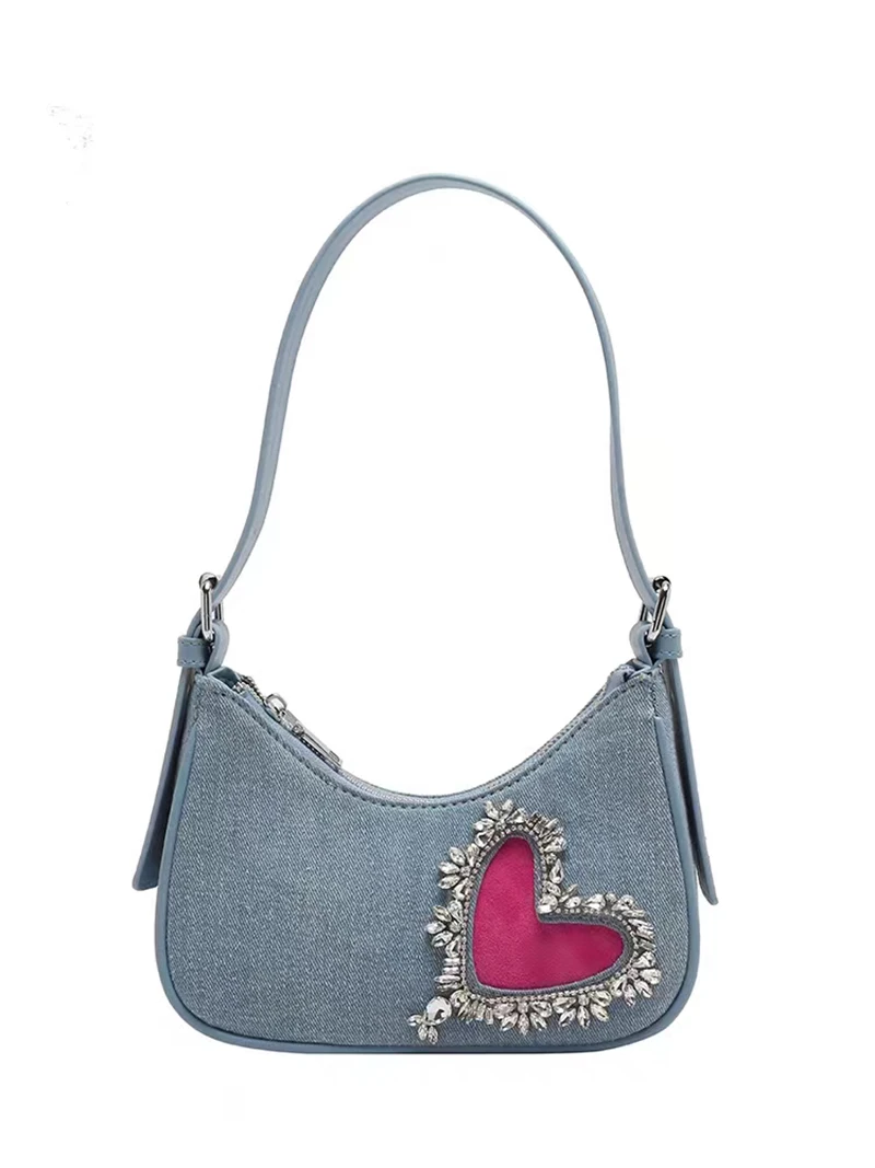 Women New Y2K Style Denim One Shoulder Bag New French Rhinestone Decor Underarm Bag Fashion Love Pattern Design Cowboy Phone Bag