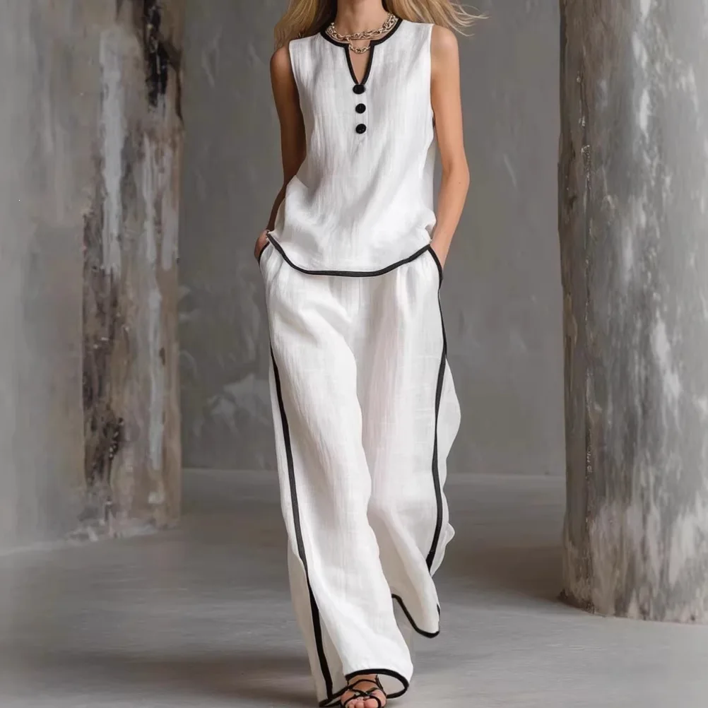 

2026 Spring and Summer New Sleeveless Simple V-neck Black Edge Contrasting Color