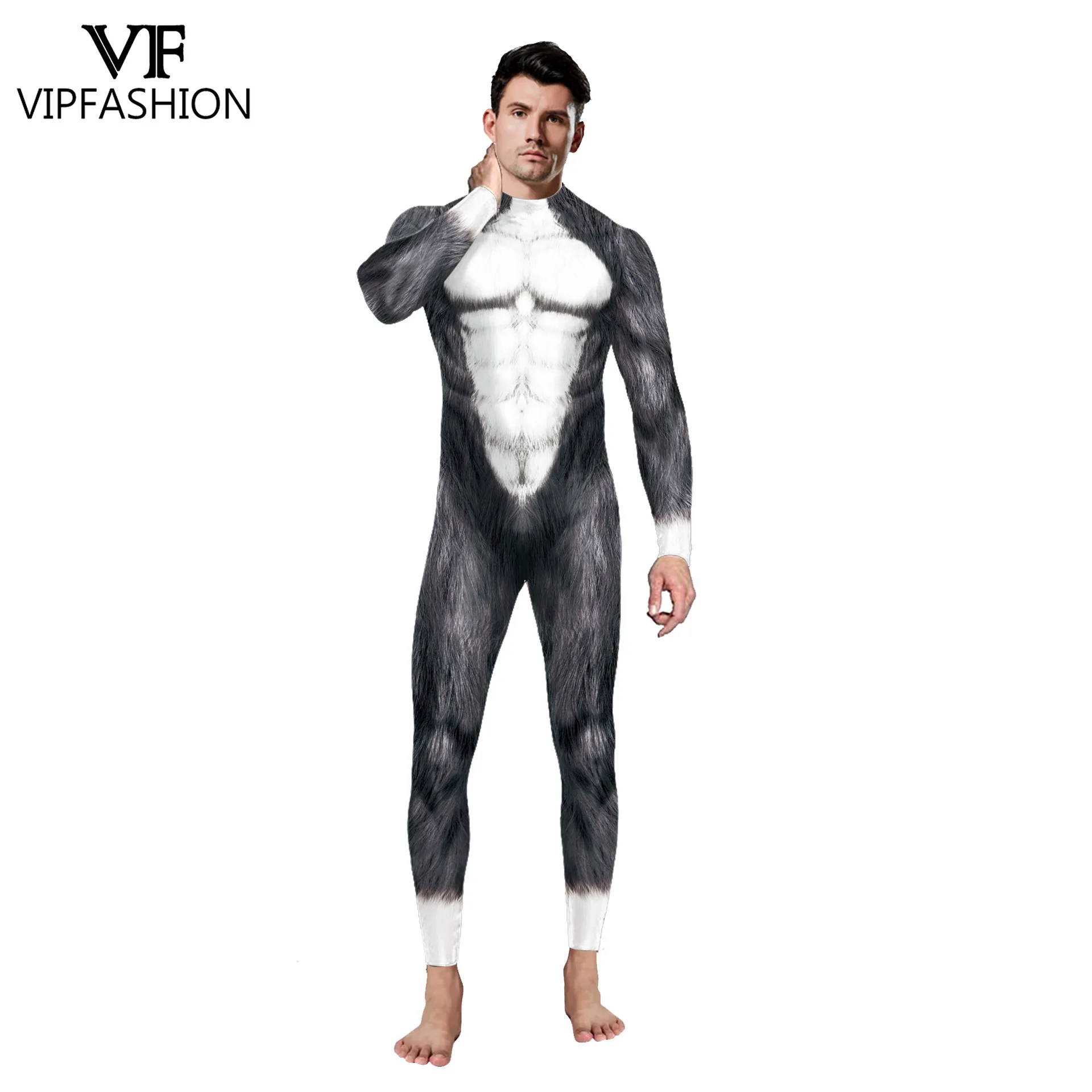 VIP FASHION Kombinezon z nadrukiem wilkołaka dla dorosłych Elastyczny kombinezon na Halloween Impreza zwierzęca Strój Cosplay Fantazyjny strój Zentai Strój Rave