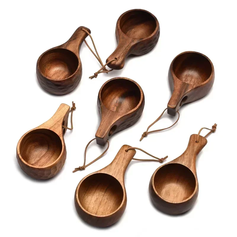 Handmade Wooden Milk Cup Acacia Wood Coffee Mugs Tasse with Carrying Rope Handle Camping Drinkware Cups Artifact Kitchen Tools